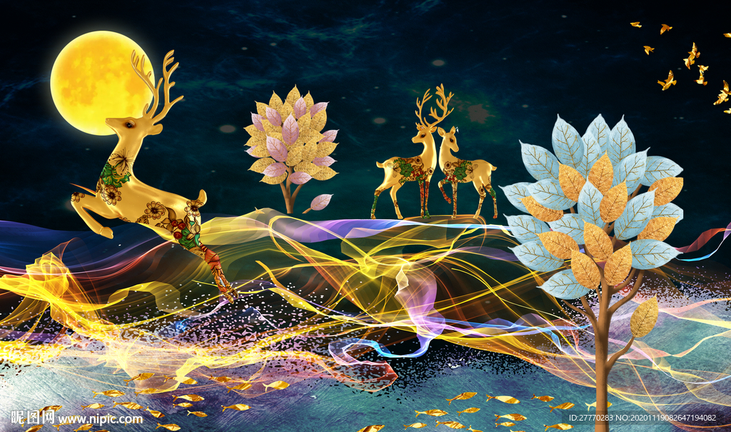 轻奢抽象线条金色叶子麋鹿背景墙