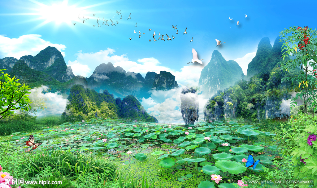 山水荷花池风景中式电视背景墙