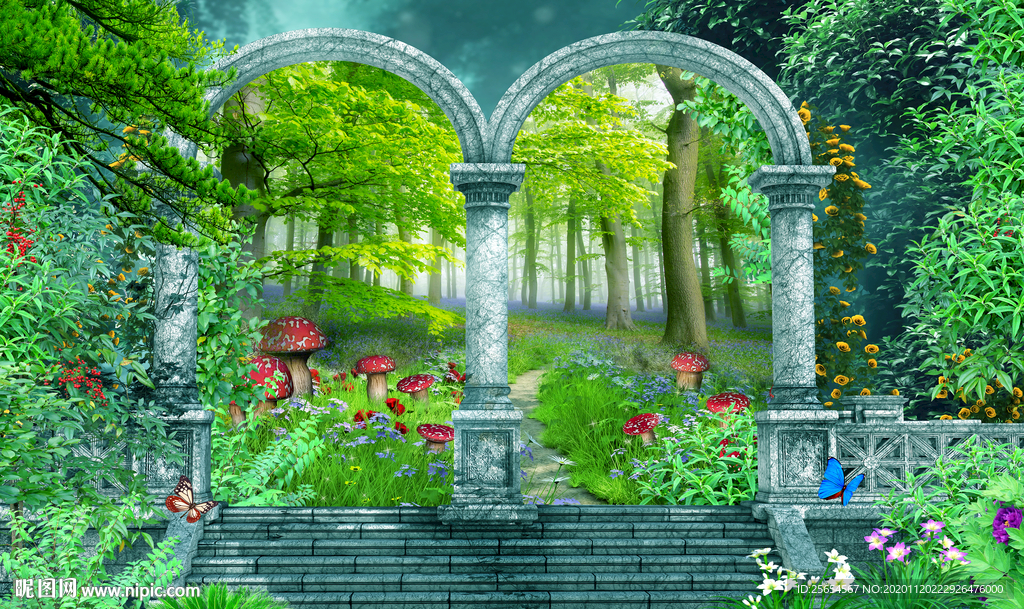 花藤罗马柱草地树林3D电视背景