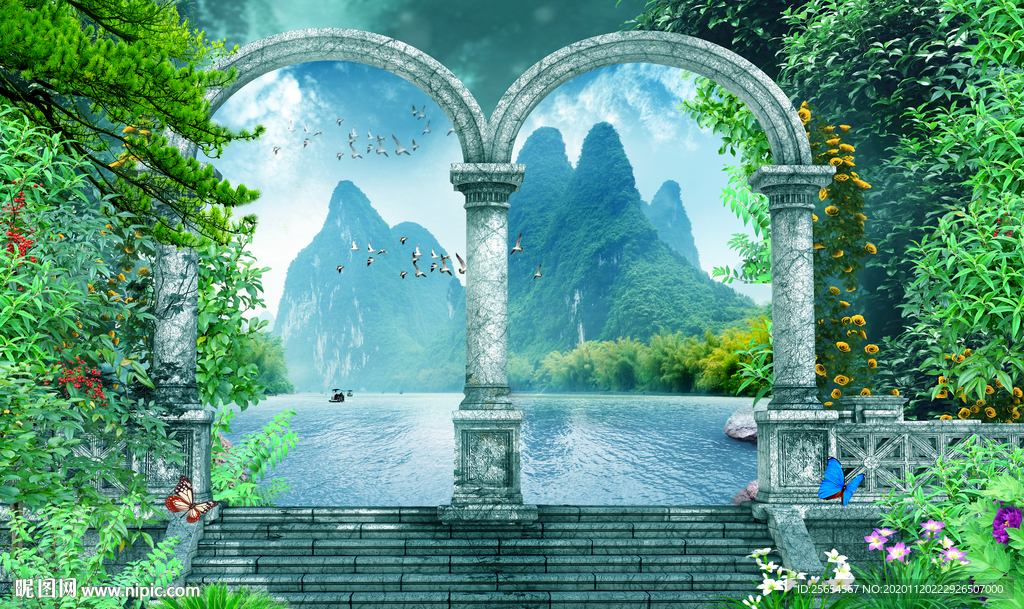 山水风景中式电视背景墙