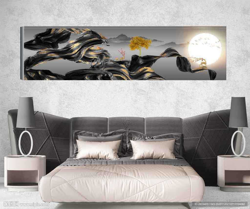 新中式抽象金色水墨禅意床头画