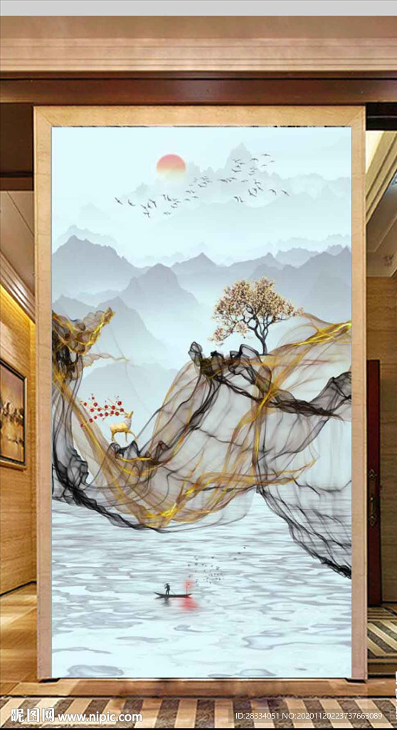 新中式抽象飘带山水玄关装饰画