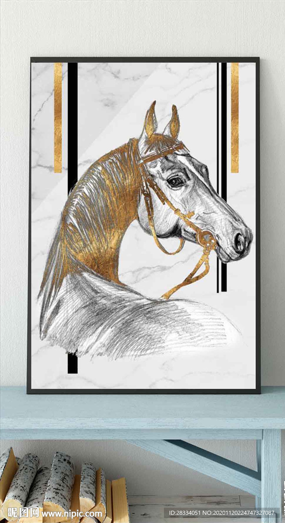 现代北欧风金色骏马玄关装饰画
