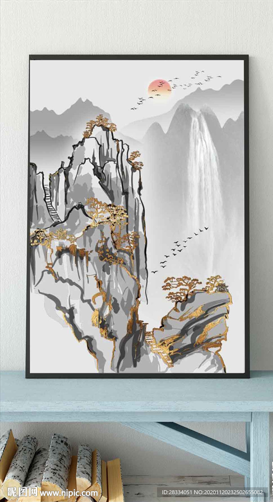 新中式金色水墨山水玄关装饰画