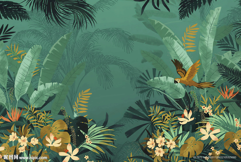 手绘欧式中世热带雨林动物背景墙