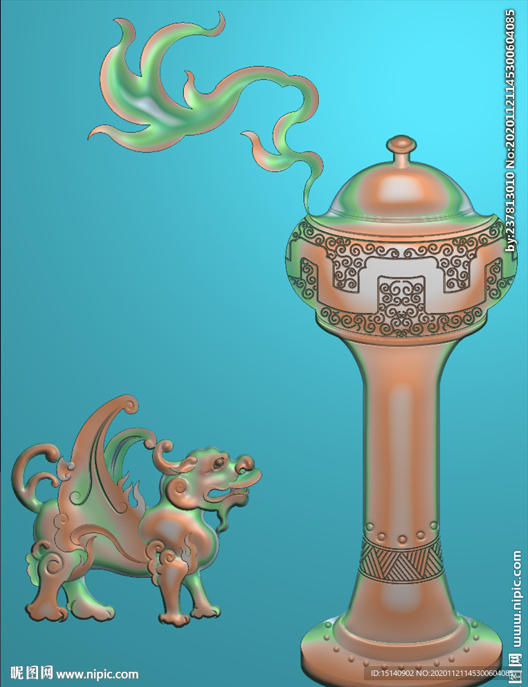 精雕图  仿古 花瓶  兽