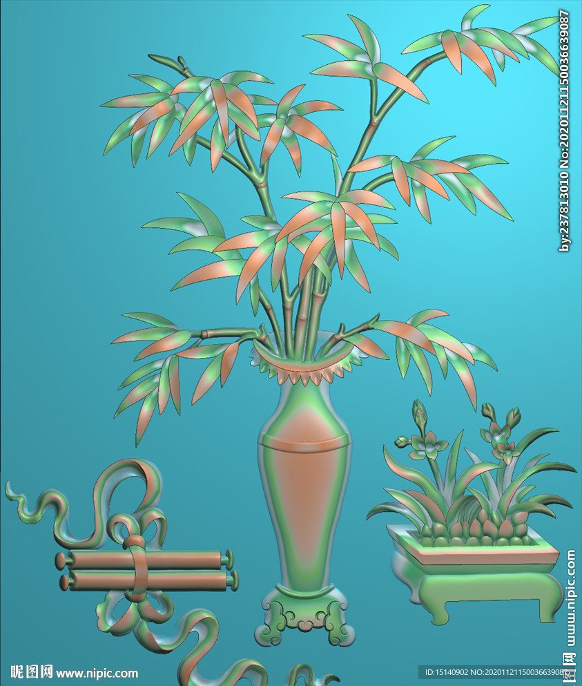 精雕图  花瓶  竹子
