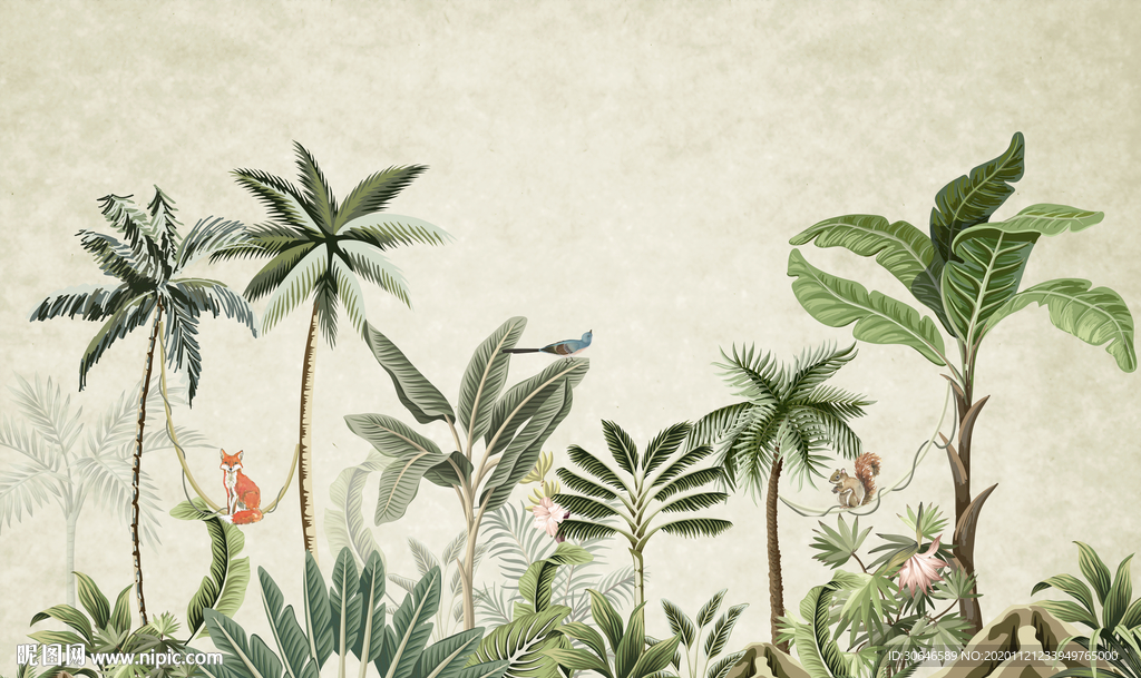 欧式手绘热带雨林植物背景墙