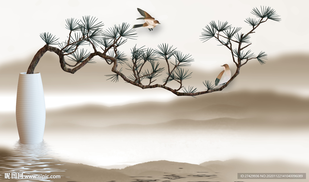 花鸟水墨背景中式立体背景墙壁画