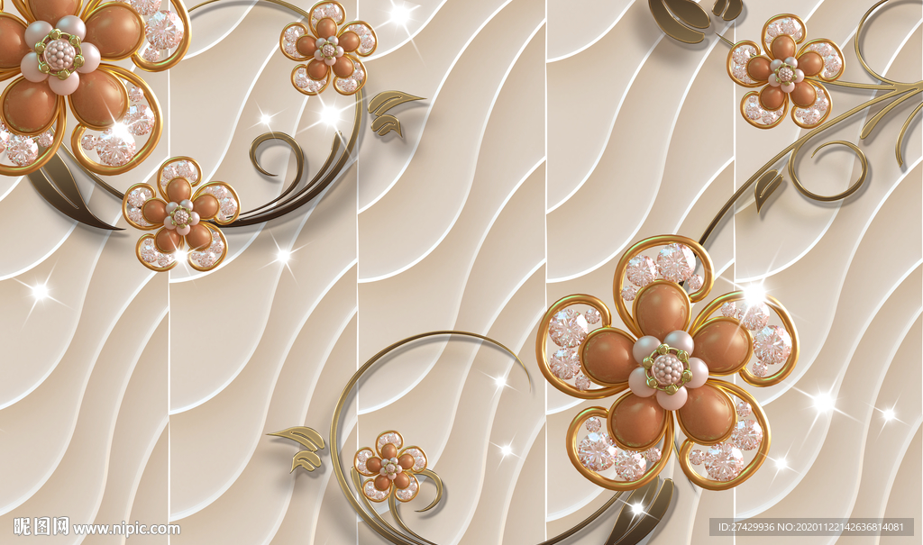 金银珠宝花藤琉璃墙立体背景墙