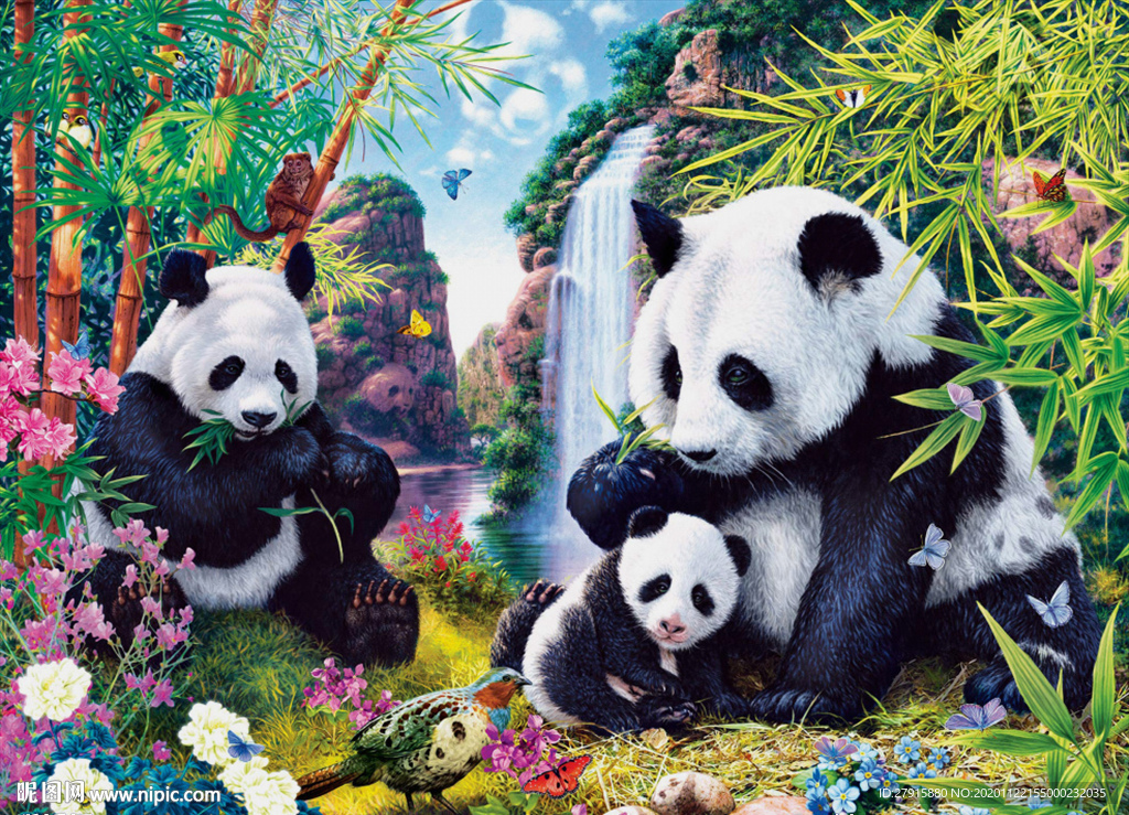 抽象中式山水熊猫花鸟背景墙