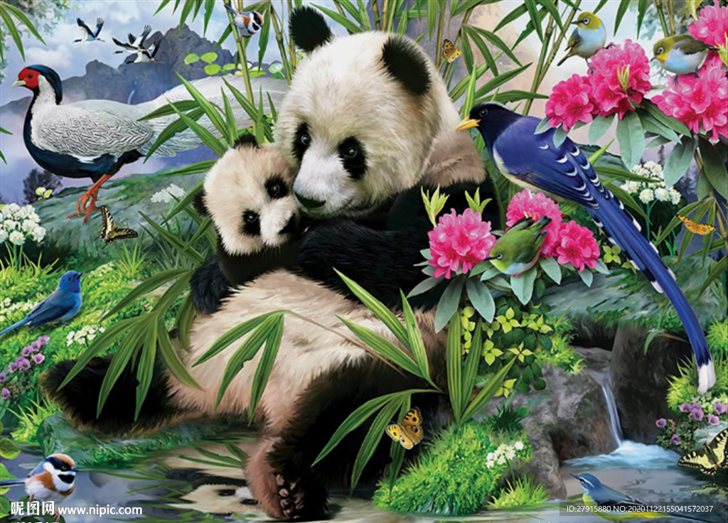 抽象中式熊猫花鸟背景墙
