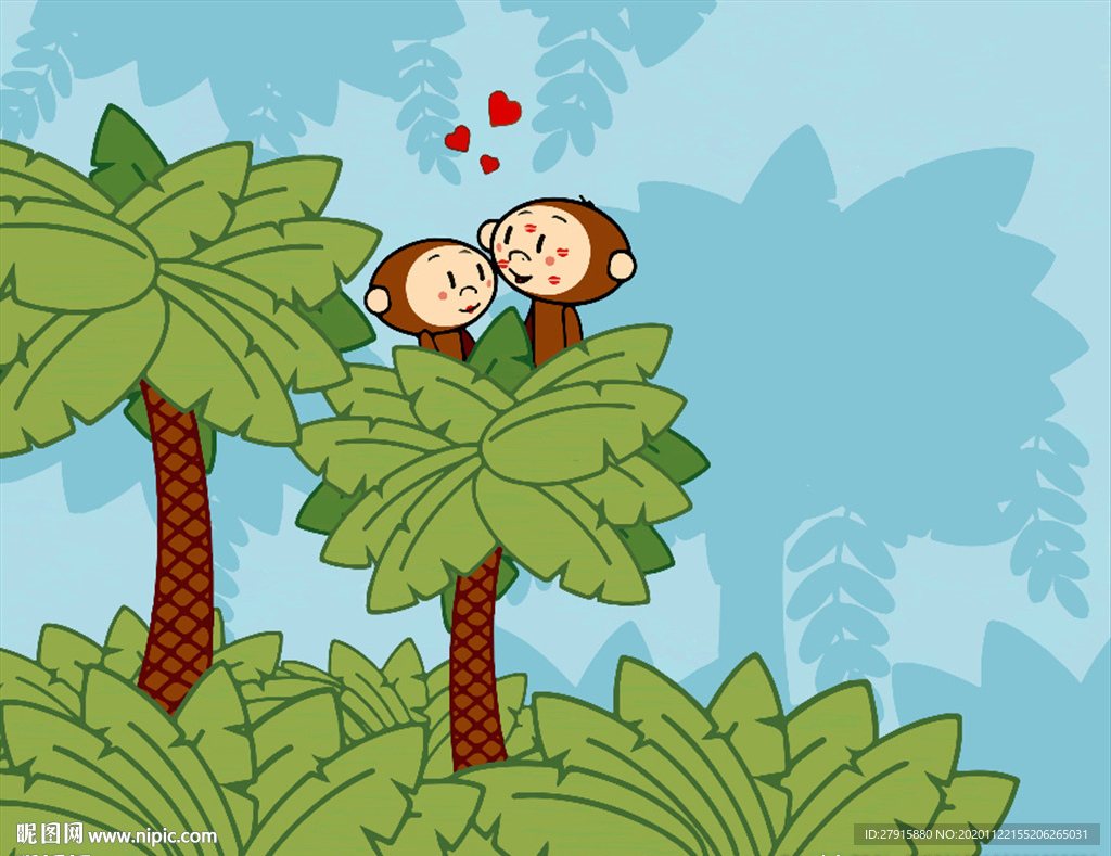 卡通儿童房椰树情侣猴子背景墙