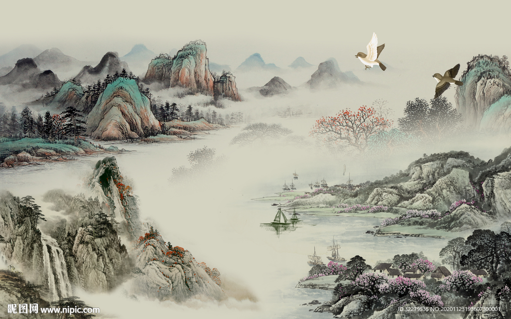 中式 国画山水画 文件分层画