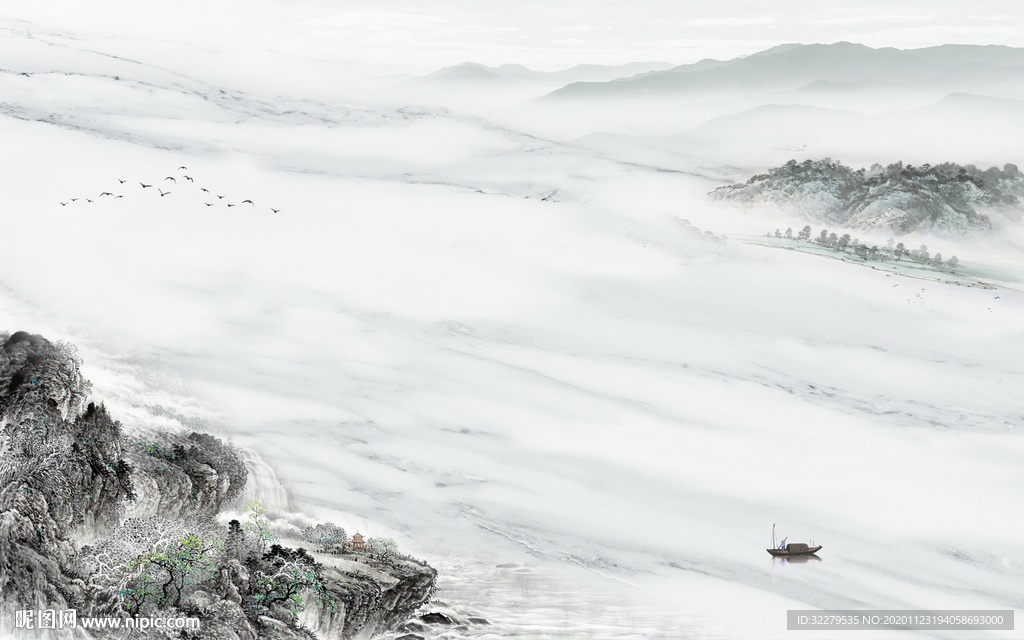 爵士白国画山水画 文件分层画