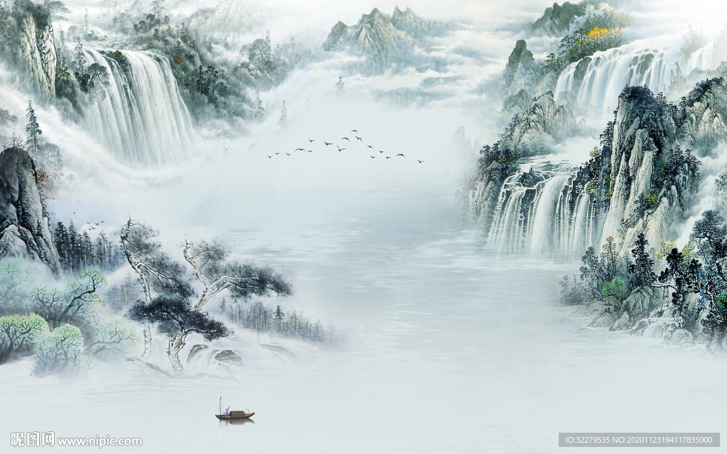 现代 国画山水画 文件分层画