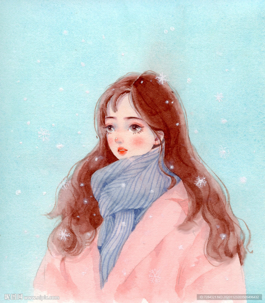 手绘雪天水彩少女