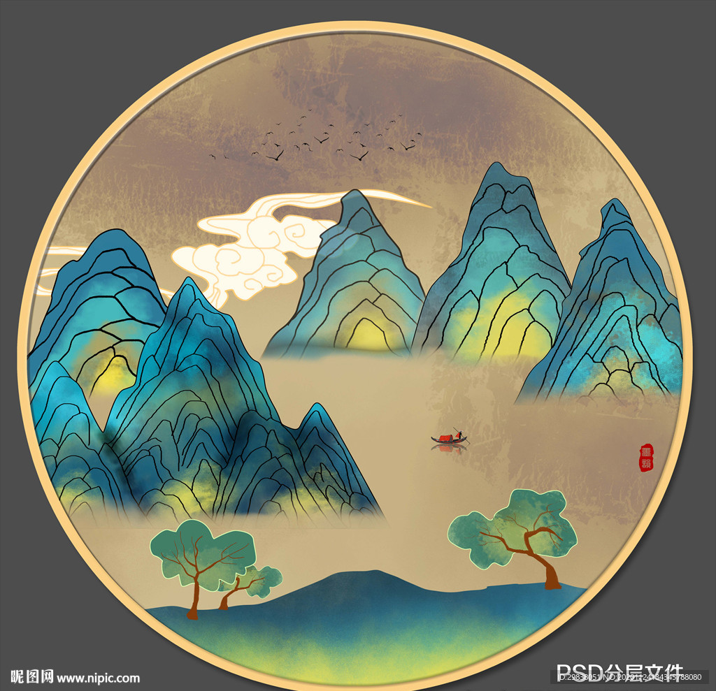 意境圆形山水画