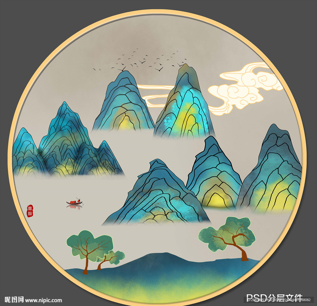圆形国潮山水画