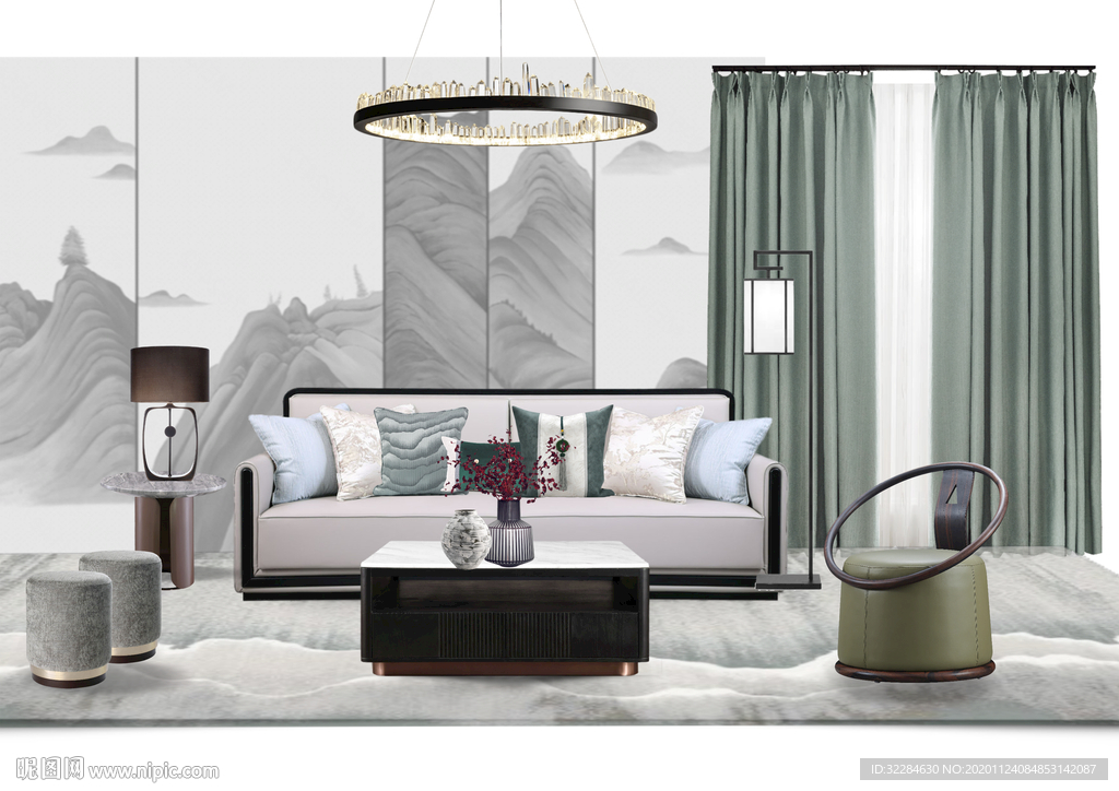 中式窗帘软装搭配室内图