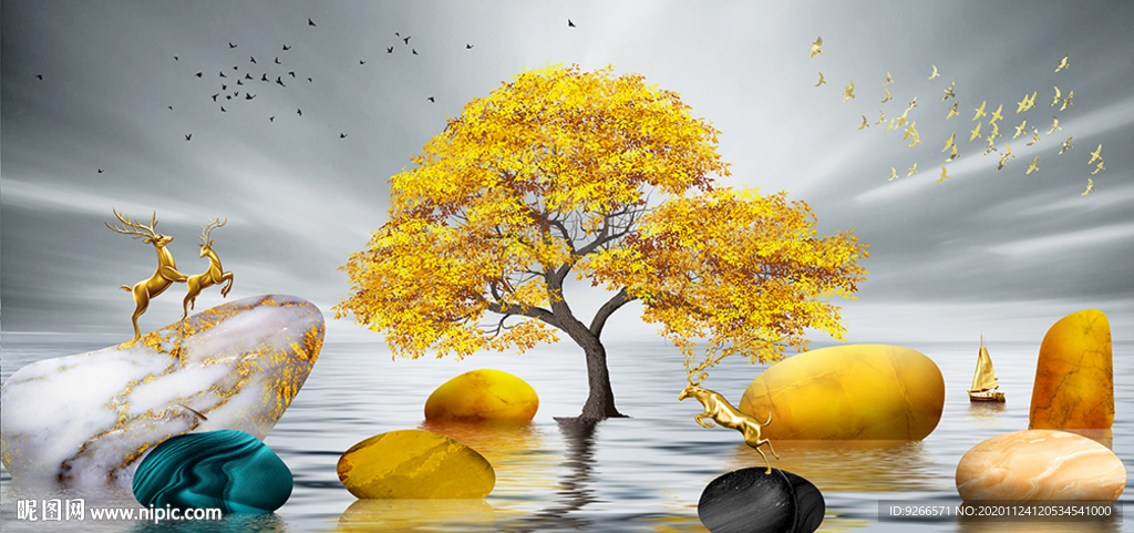 家和石来运转麋鹿山水晶瓷装饰画