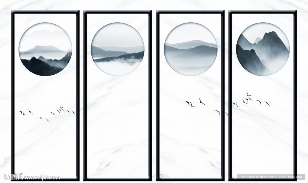 爵士白新中式山水客厅背景墙