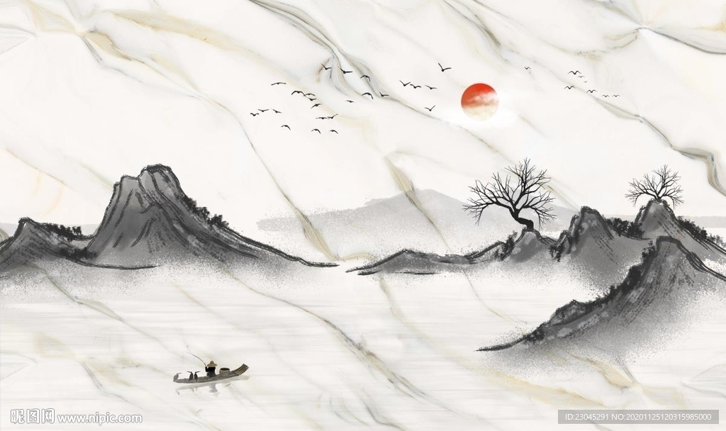 旭日东升爵士白水墨山水电视背景