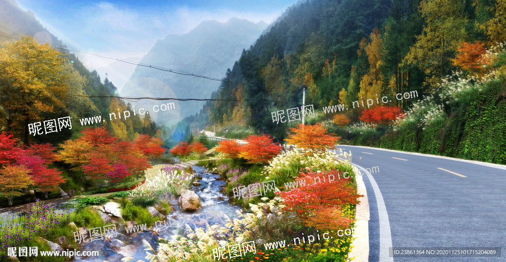 道路 溪沟 湿地效果图