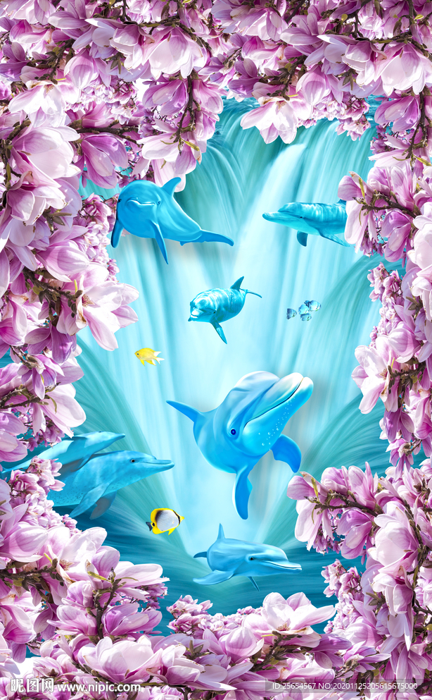 花海海豚流水瀑布地画