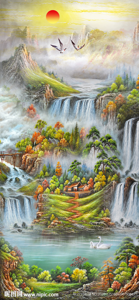 山水流水生财油画玄关