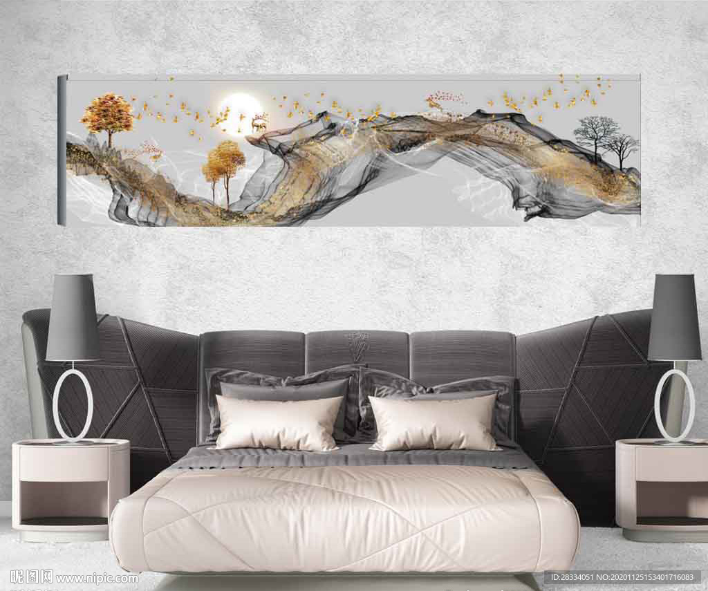 新中式抽象麋鹿山水风景床头画
