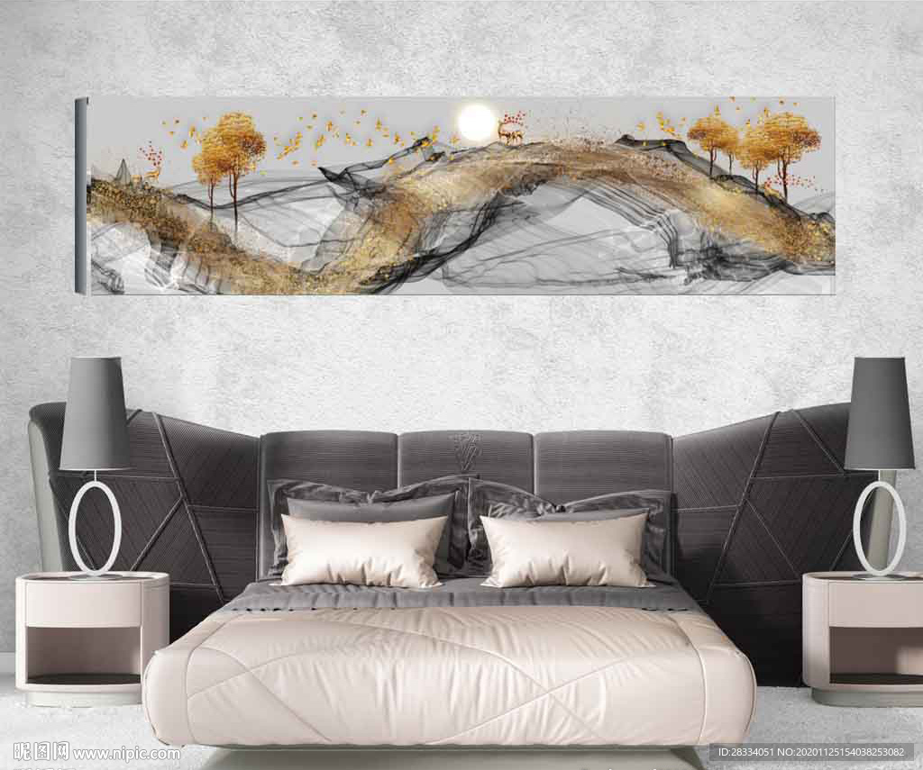 新中式抽象麋鹿山水风景床头画