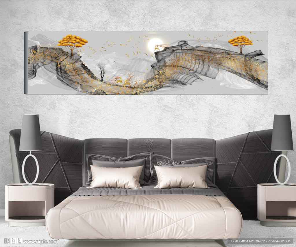 新中式抽象麋鹿山水风景床头画