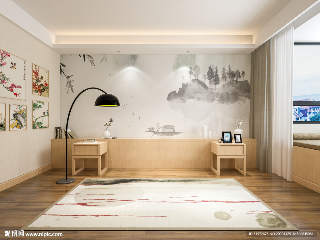 日式卧室背景墙新中式效果图