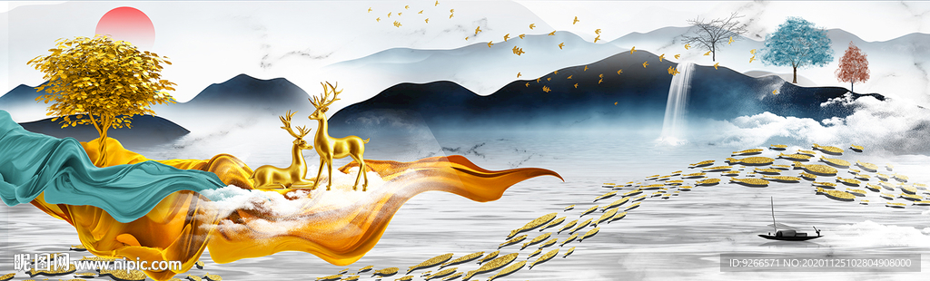 石来运转麋鹿山水床头画装饰画