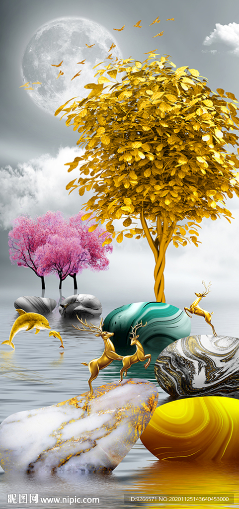 石来运转麋鹿山水玄关装饰画