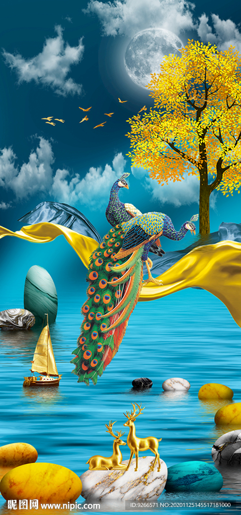 石来运转麋鹿山水玄关装饰画