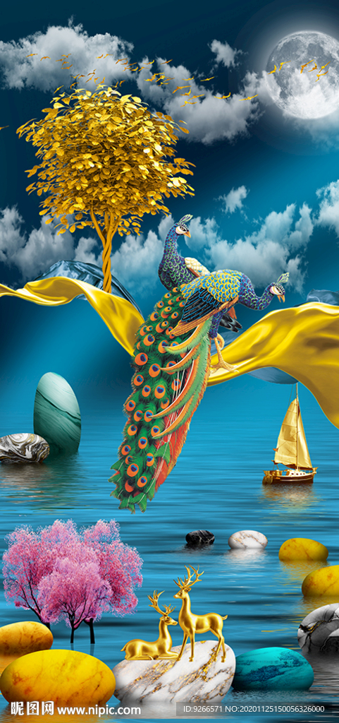 石来运转麋鹿山水玄关装饰画