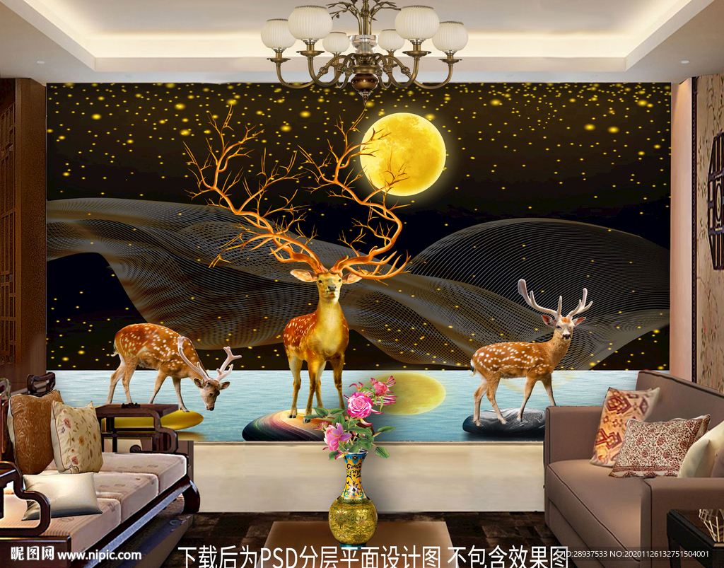 原创梅花鹿圆月彩带背景墙装饰画