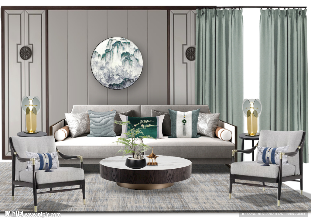 中式窗帘软装效果图