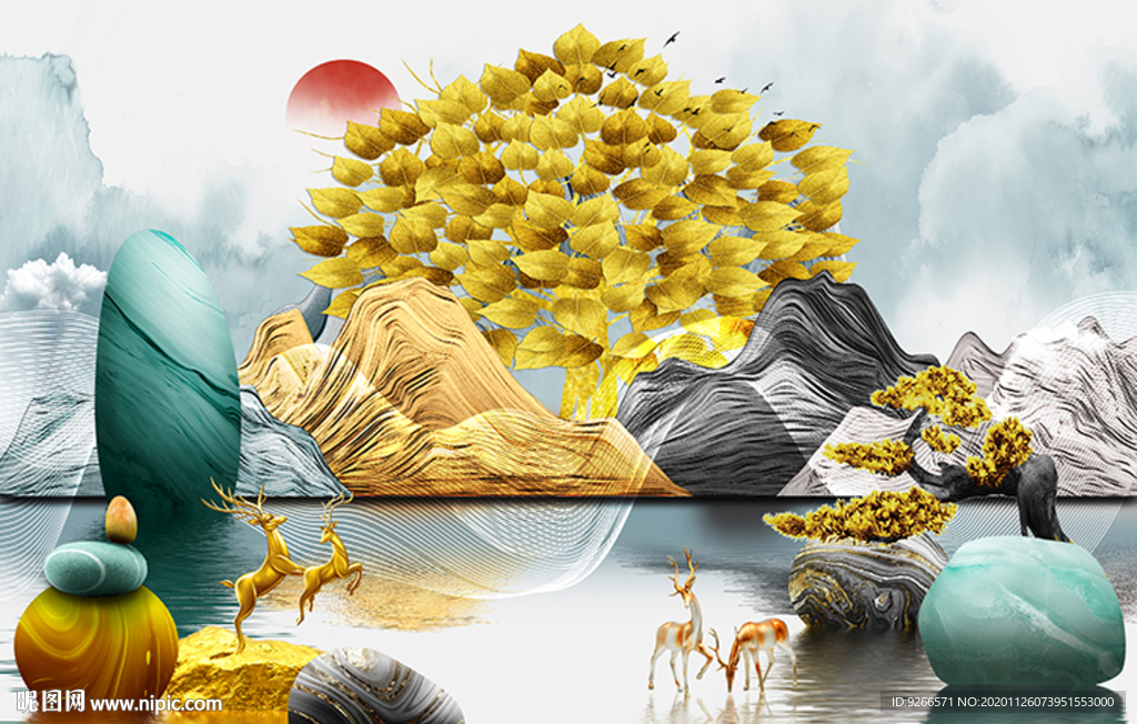 电表箱石来运转麋鹿山水装饰画