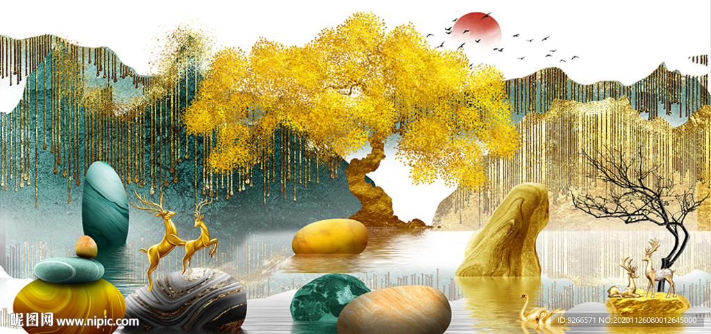 石来运转麋鹿山水画晶瓷画装饰画