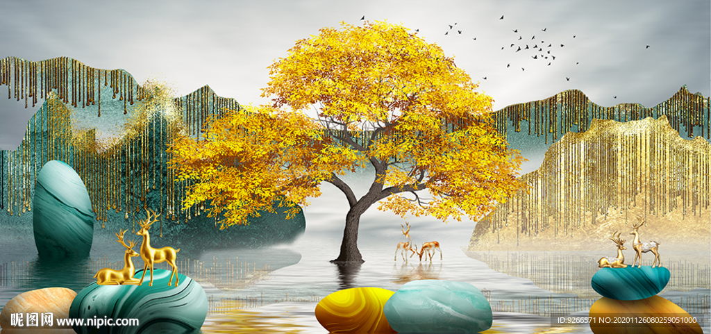 石来运转麋鹿山水画晶瓷画装饰画