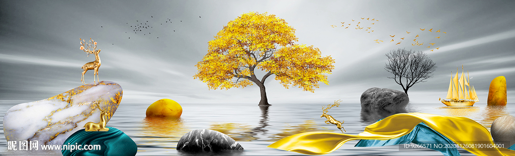 石来运转麋鹿山水画床头画装饰画