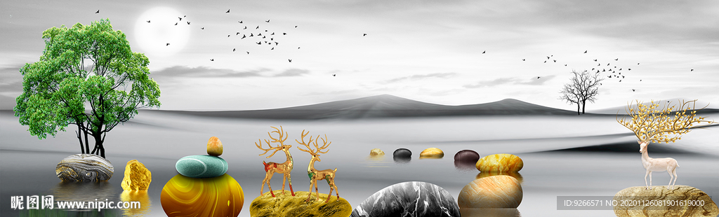 石来运转麋鹿山水画床头画装饰画