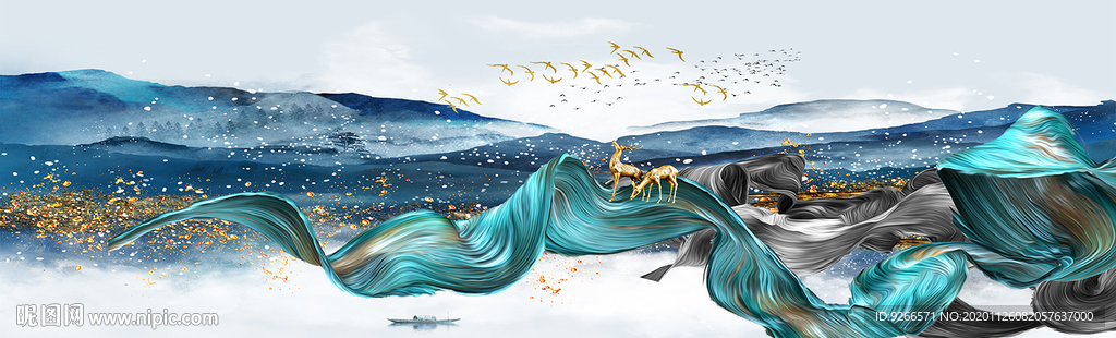 石来运转麋鹿山水画床头画装饰画