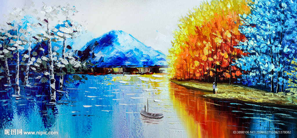 手绘刀画抽象小河树林装饰画