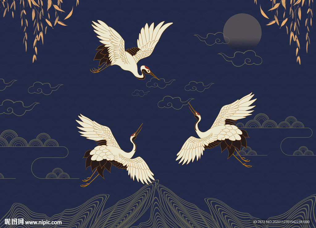 手绘高清三只白鹤新中式背景墙