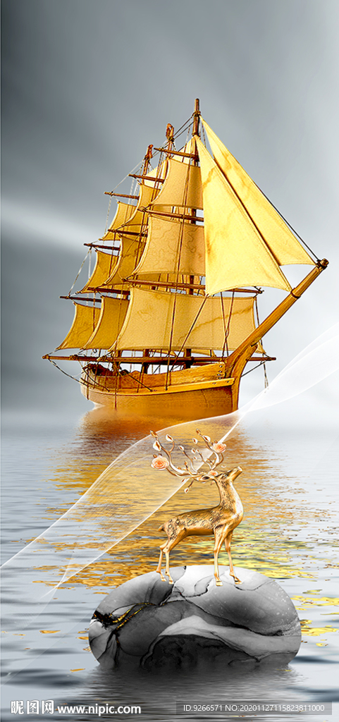 帆船麋鹿玄关晶瓷画装饰画