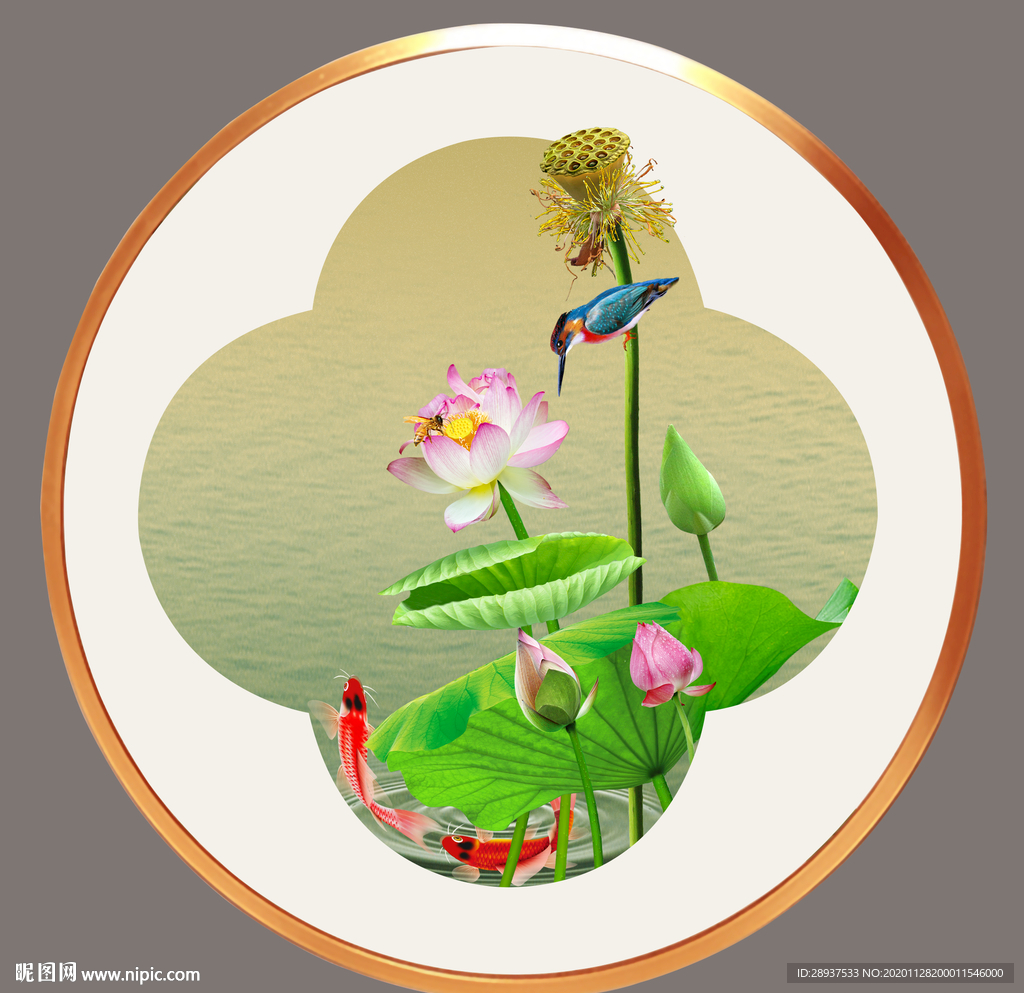 原创高清圆型荷花鲤鱼装饰画